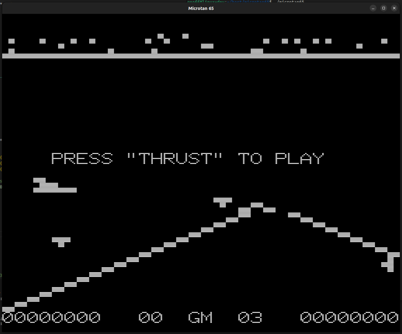 Microtan 65 emulator showing the International Space Invaders game title screen