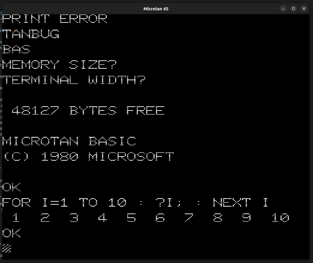 Microtan 65 emulator showing Microsoft BASIC running a short FOR loop