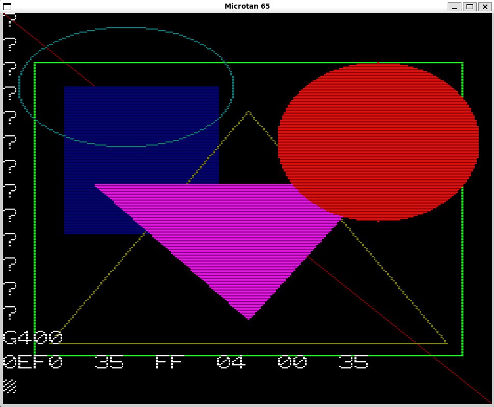 Microtan 65 emulator displaying coloured rectangles, triangles, ellipses and diagonal lines