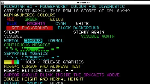 The Microtan 65 emulator displaying the Mousepacket Colour VDU screen