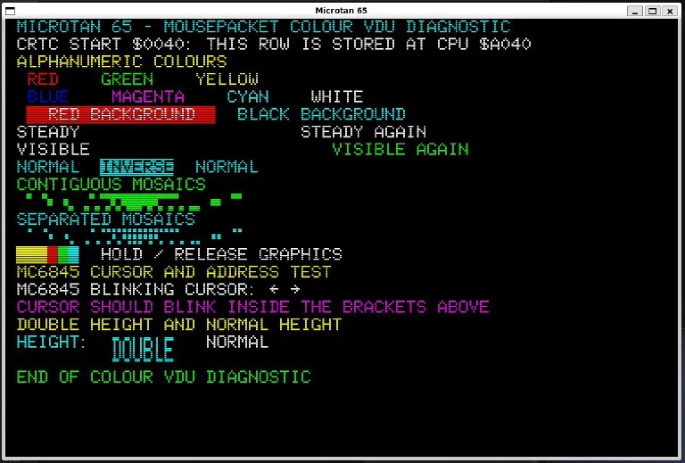 The Microtan 65 emulator displaying the Mousepacket Colour VDU screen