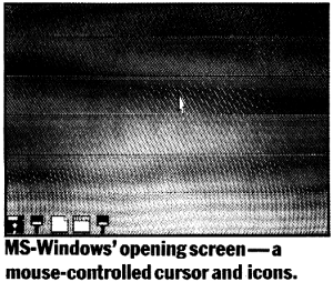 MS-Windows opening screen with a mouse-controlled cursor and icons