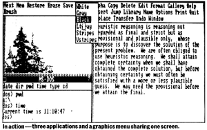 Three MS-Windows applications and a graphics menu sharing one screen